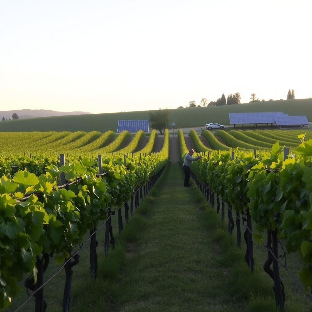 A Sonoma vineyard at dawn with a worker using drip irrigation and solar panels in the background.