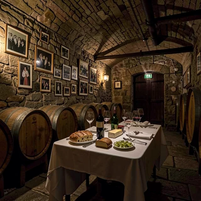 Historic family winery cellar with heritage wine labels and barrels