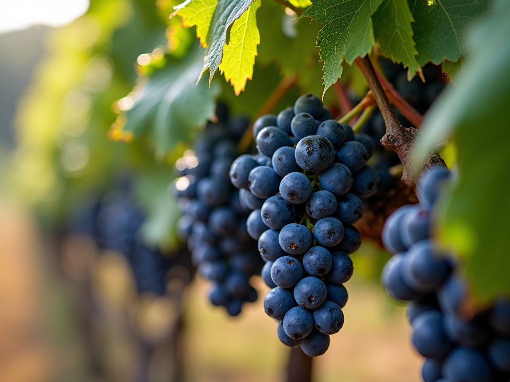 Ripe grapes on a Sonoma County vine with morning dew.