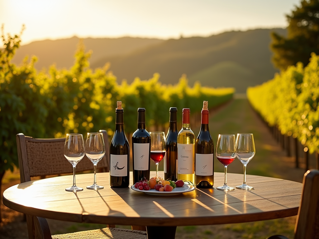 Wine tasting setup with glasses and bottles