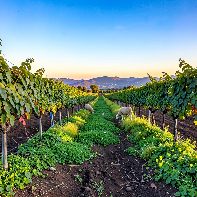 Lush regenerative vineyard with cover crops and grazing sheep at sunrise