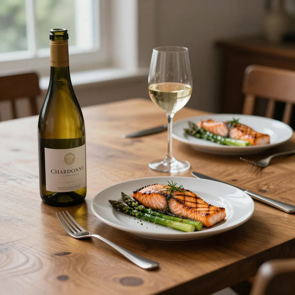 Elegant wine pairing setup with Chardonnay and seafood