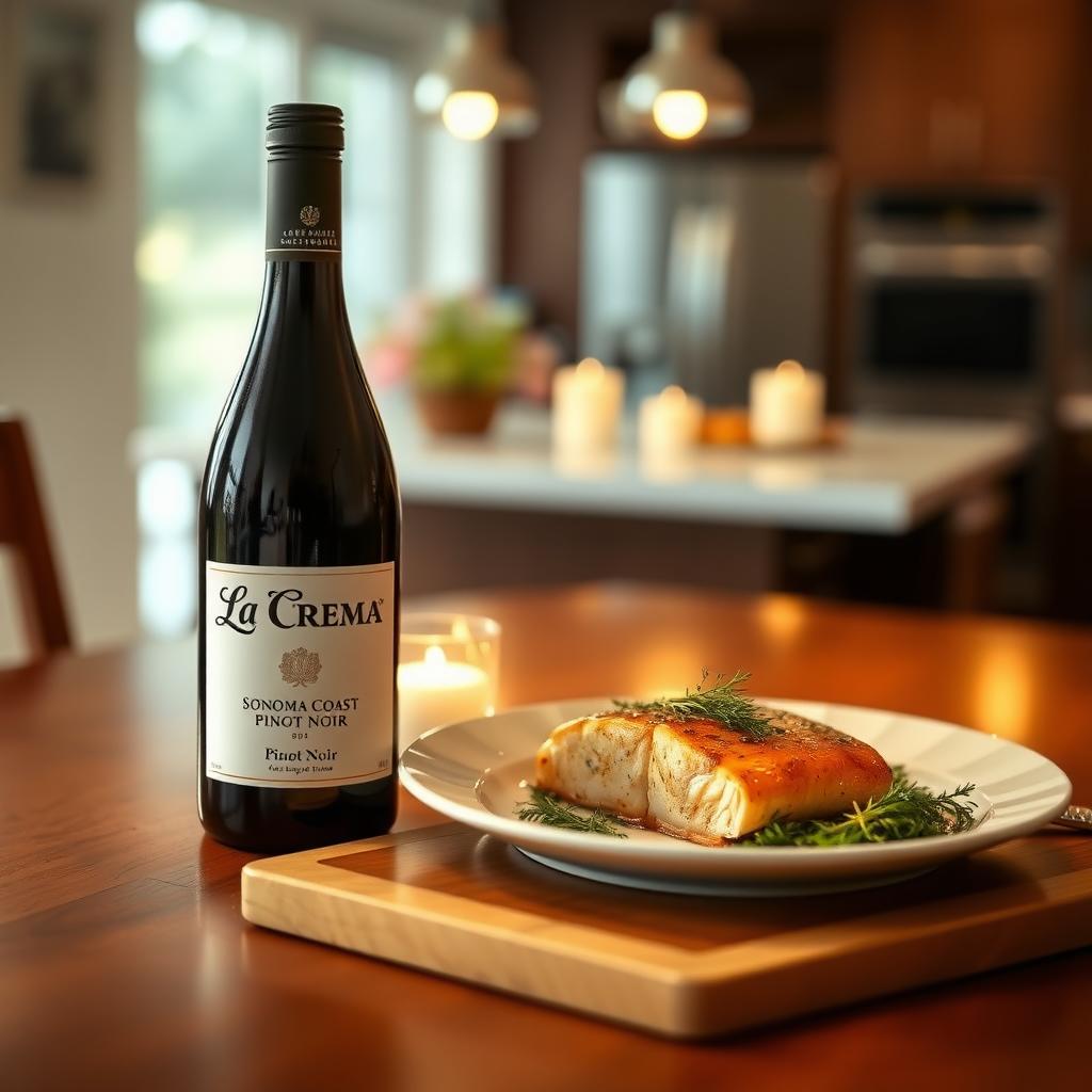 Indoor dining table with La Crema Pinot Noir and cedar-planked salmon
