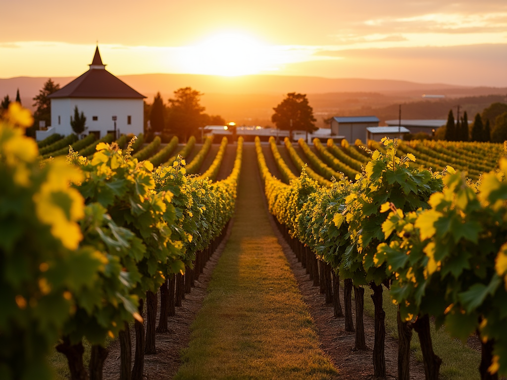 Vineyard at sunset with winery building