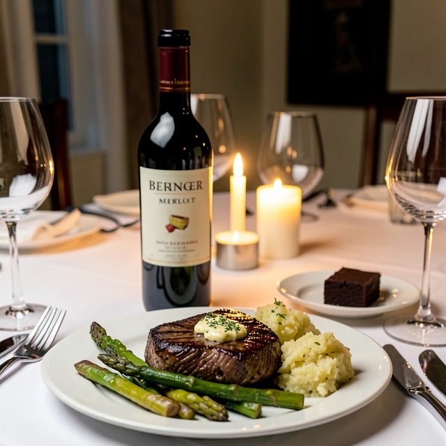 Beringer Merlot paired with steak, vegetables, and chocolate on a dining table