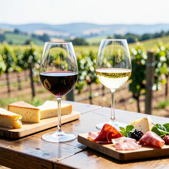 Wine tasting glasses and food pairing setup at a vineyard