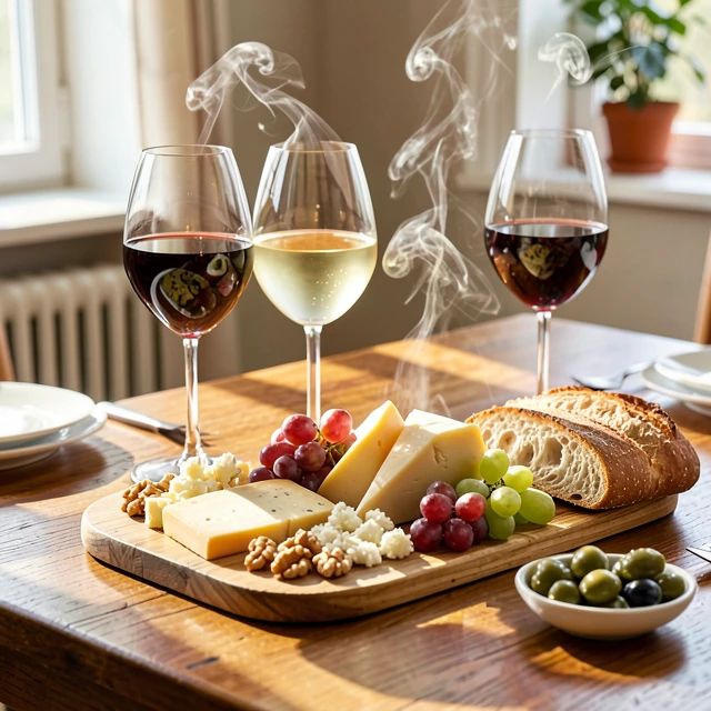 A inviting cheese and wine pairing spread on a dining table