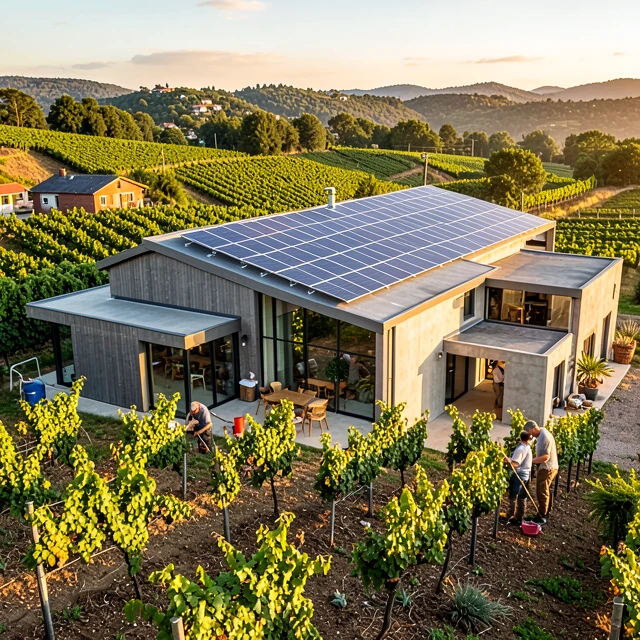 Modern sustainable winery with solar panels and organic vineyards