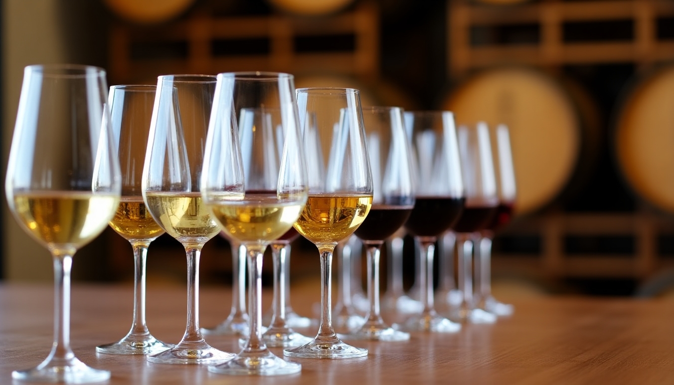 Tasting room at Jackson Family Wines with wine glasses and barrels