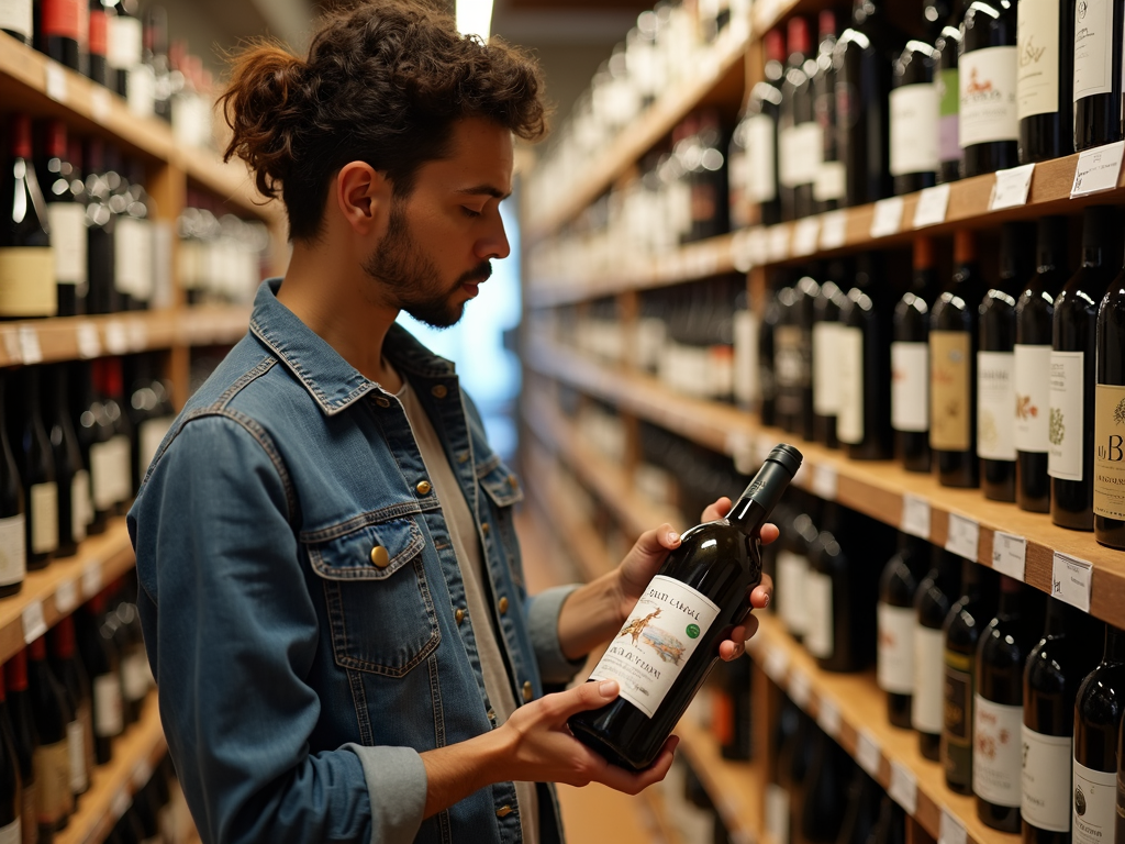 A person selecting an organic wine bottle in a well-stocked wine shop.