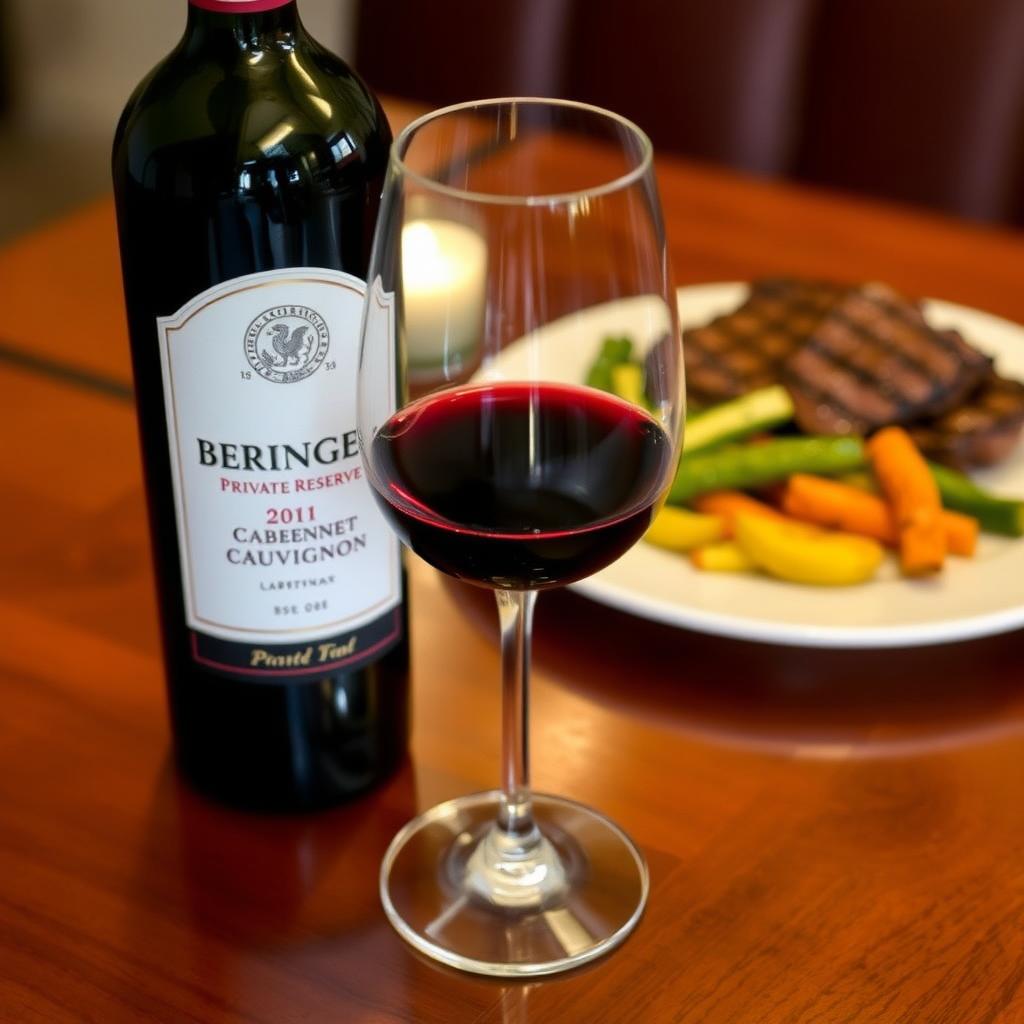 Beringer Private Reserve Cabernet Sauvignon bottle and glass with steak dinner