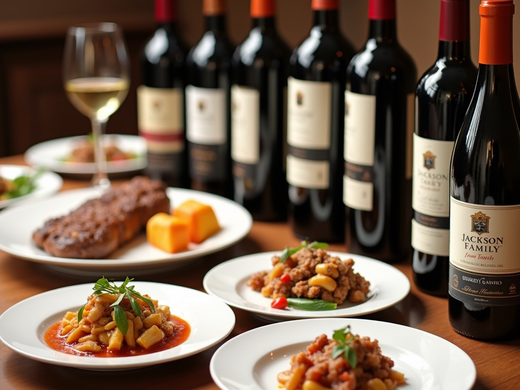 Dining table with food and wine pairing