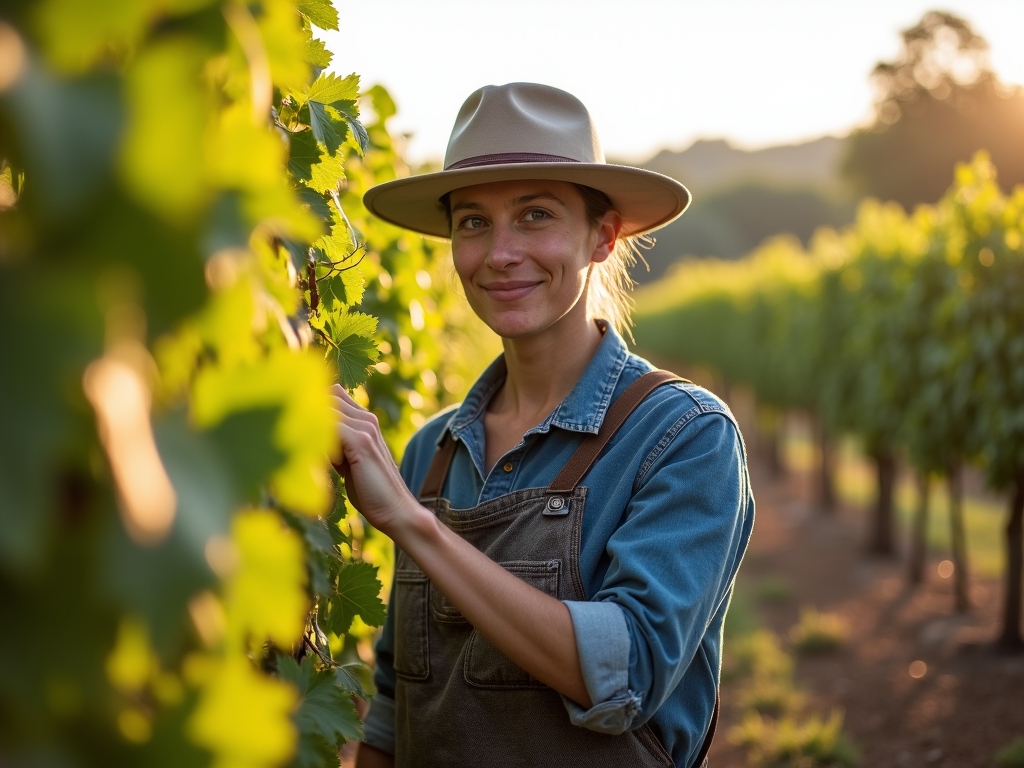 Winemaker examining grapevines in the vineyard.