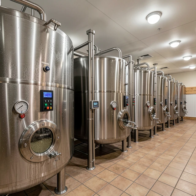 Stainless steel fermentation tanks in a professional winery