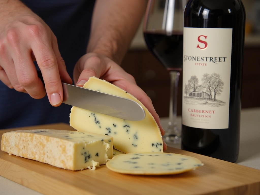 Slicing blue cheese with Stonestreet Cabernet Sauvignon