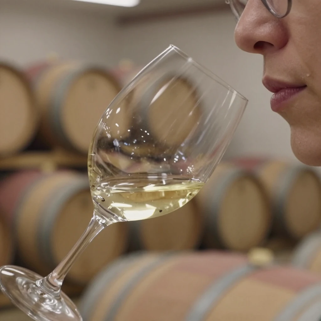 Person swirling and smelling white wine during tasting