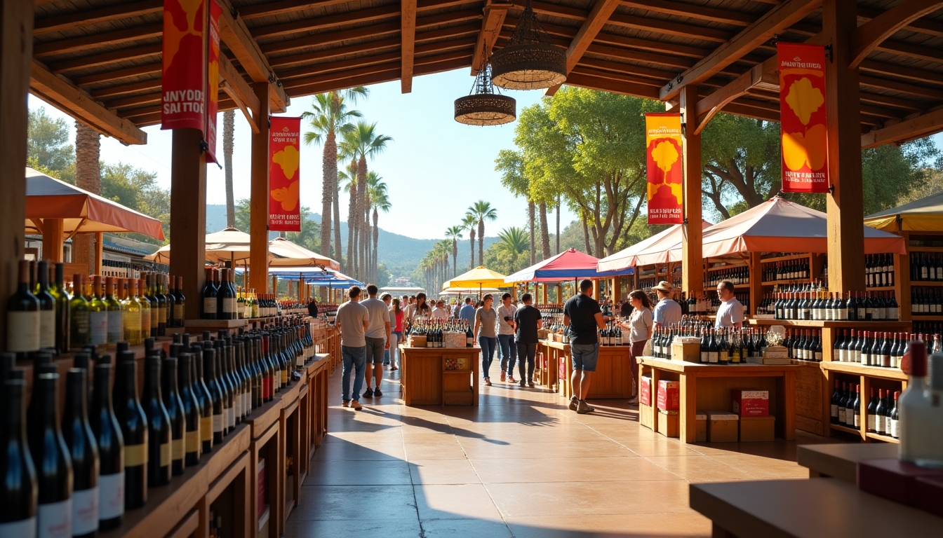 A bustling global wine market with bottles from various wine brands on display.