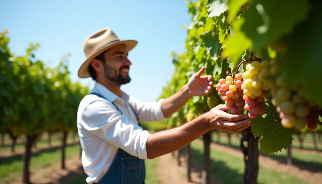 A winemaker inspecting grapes in a sunlit vineyard, evoking tradition and meticulous care in winemaking.