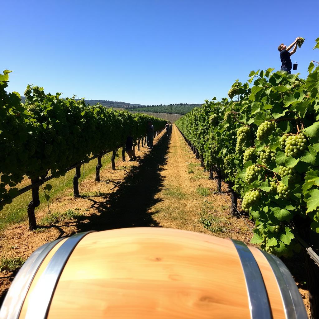 Napa Valley vineyard with workers harvesting Chardonnay grapes and a wooden barrel in the foreground
