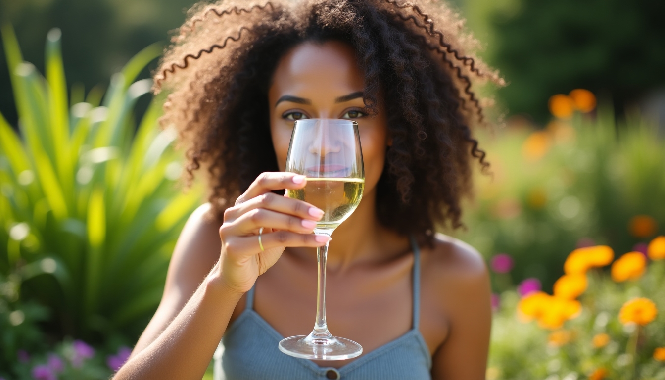 Person enjoying a glass of Beringer wine in a lush garden setting
