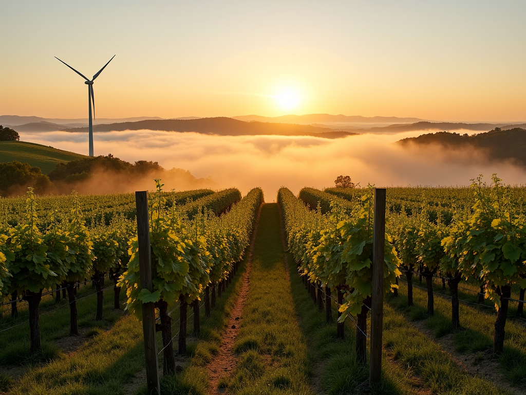 Sustainable vineyard at sunrise with wildflowers and wind turbine