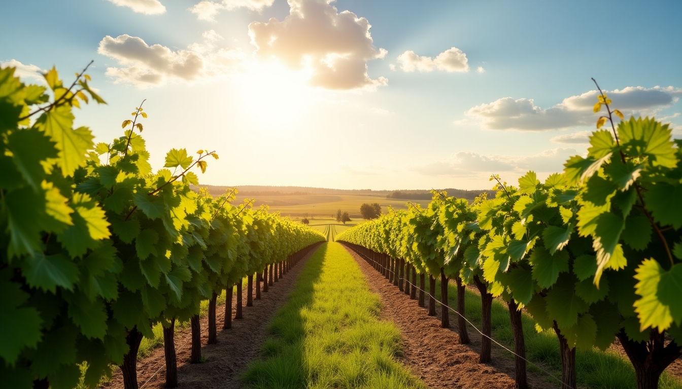 A picturesque vineyard with rows of grapevines and a clear blue sky.