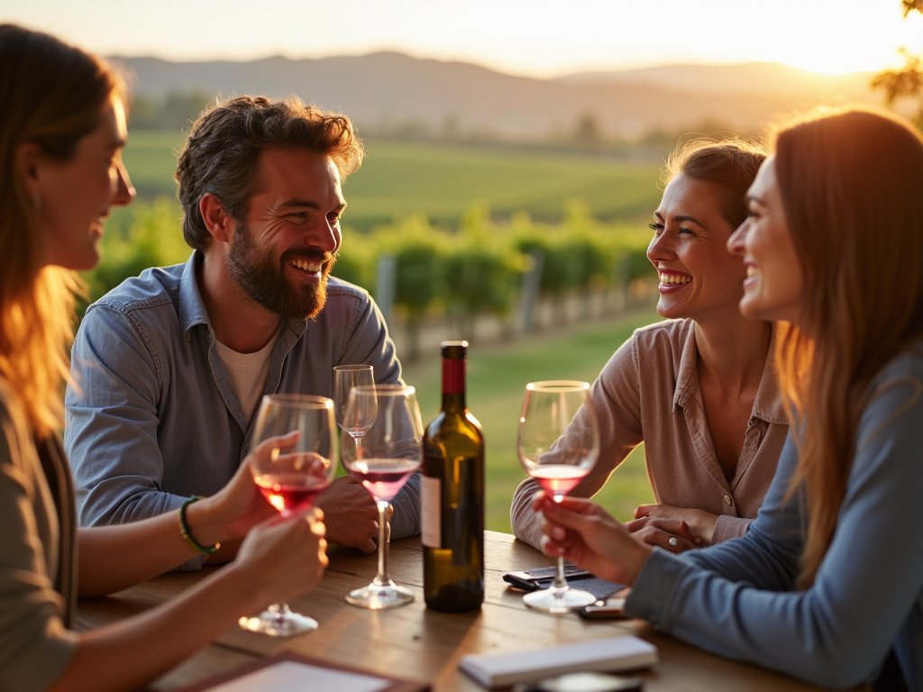 Friends enjoying a wine tasting session outdoors.