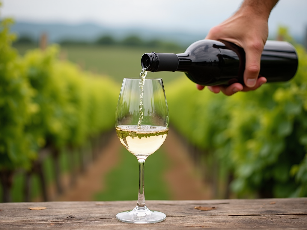 Pouring organic wine with vineyard background