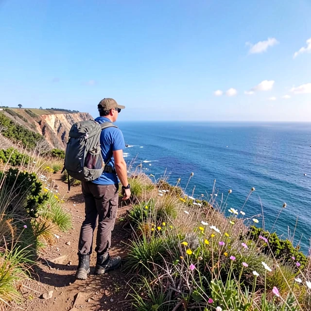 Hiker enjoying coastal trail views on Sonoma Coast