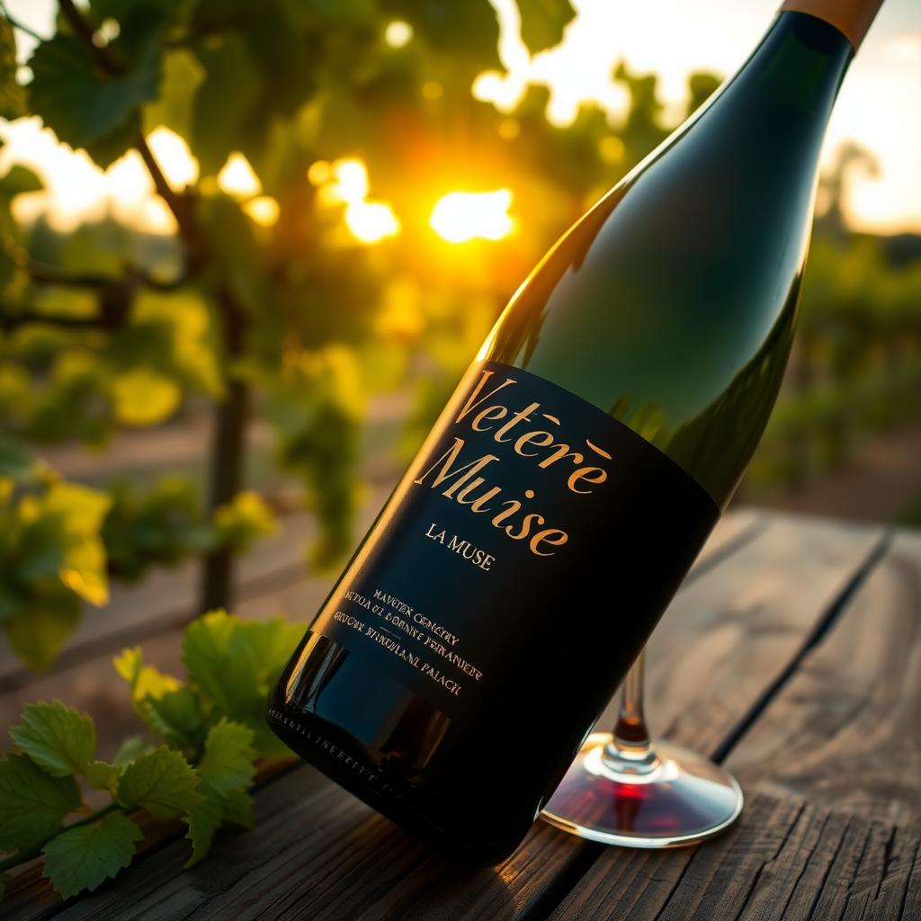 Vérité La Muse wine bottle on a wooden table with grapevines and a sunset in the background