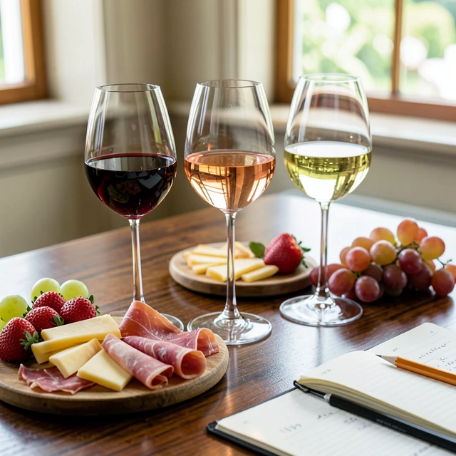 Intimate wine tasting table showcasing red, white, and rosé varietals