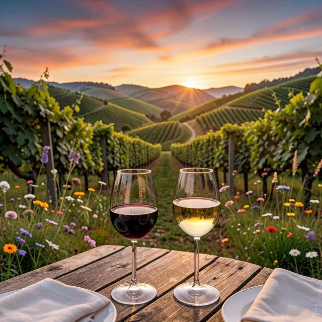 Wine tasting experience overlooking sustainable vineyards at sunset