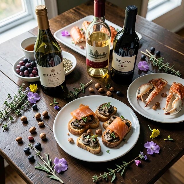 Oregon wine tasting spread with Pacific Northwest cuisine elements