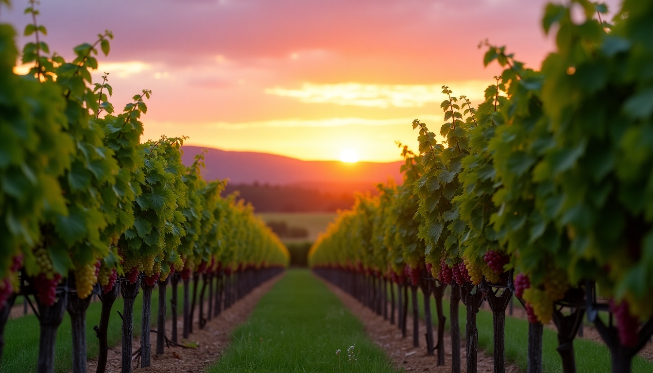 A scenic vineyard landscape at sunset with vines stretching infinitely.