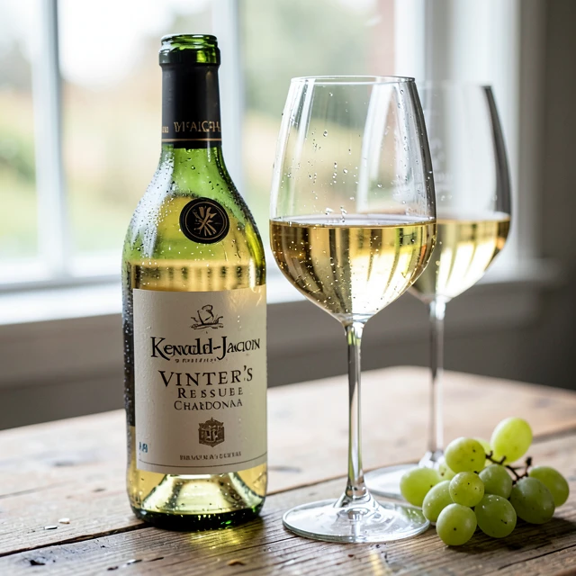 Kendall-Jackson Vintner’s Reserve Chardonnay bottle and glasses on wooden table
