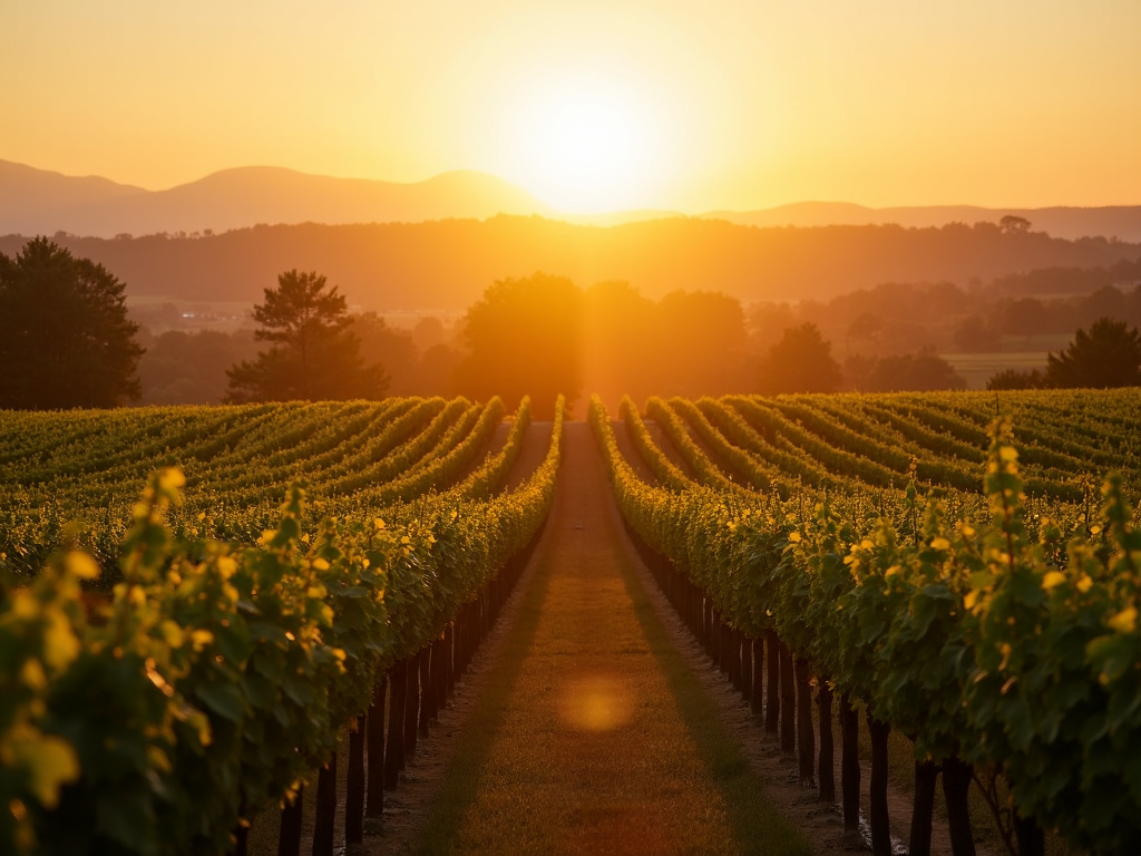 A picturesque vineyard at sunset, showcasing the beauty of wine country.