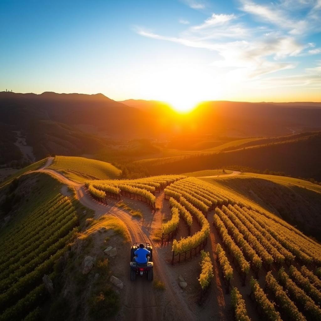 Aerial view of Stonestreet Estate Vineyards with mountain terrain, vineyards, and an ATV trail under a sunset.