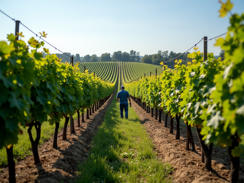 Organic vineyard with cover crops and workers.