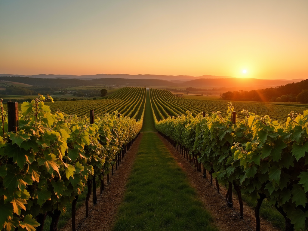 Vineyard at sunset with grapevines