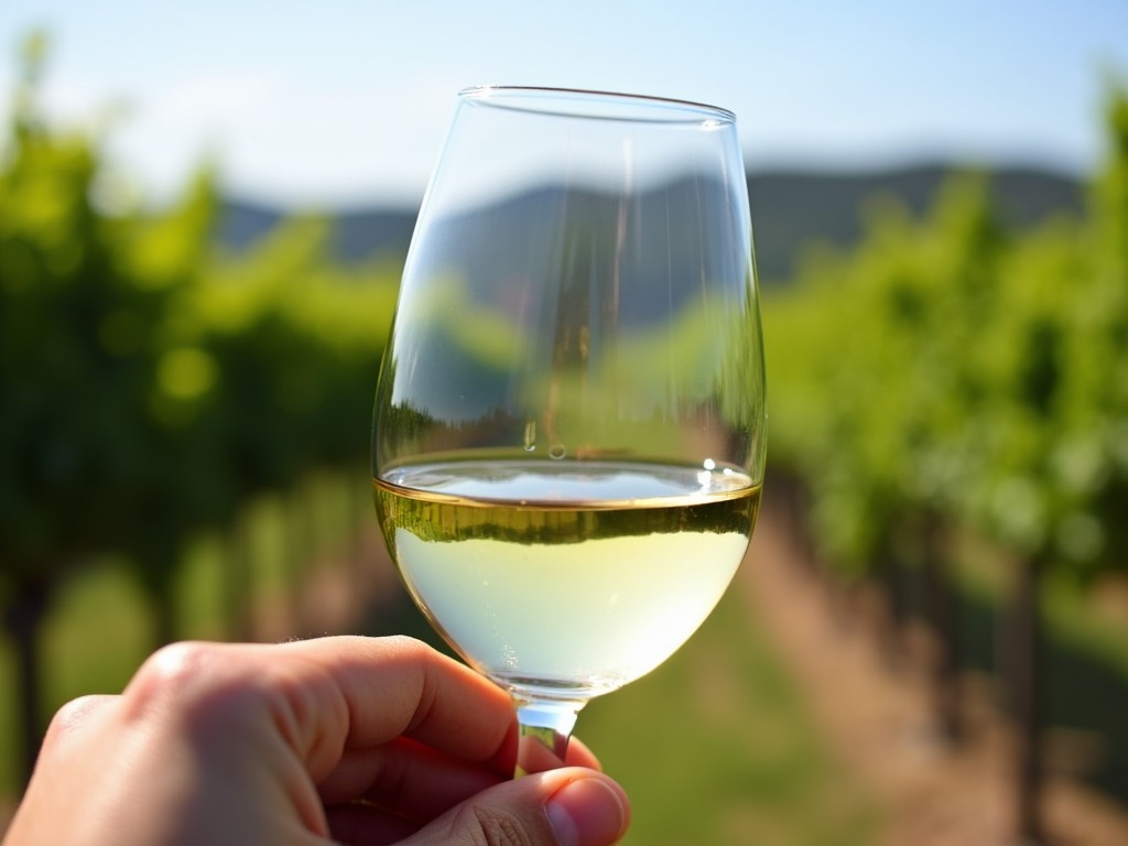 A close-up of a wine glass filled with white wine against a blurred vineyard background.