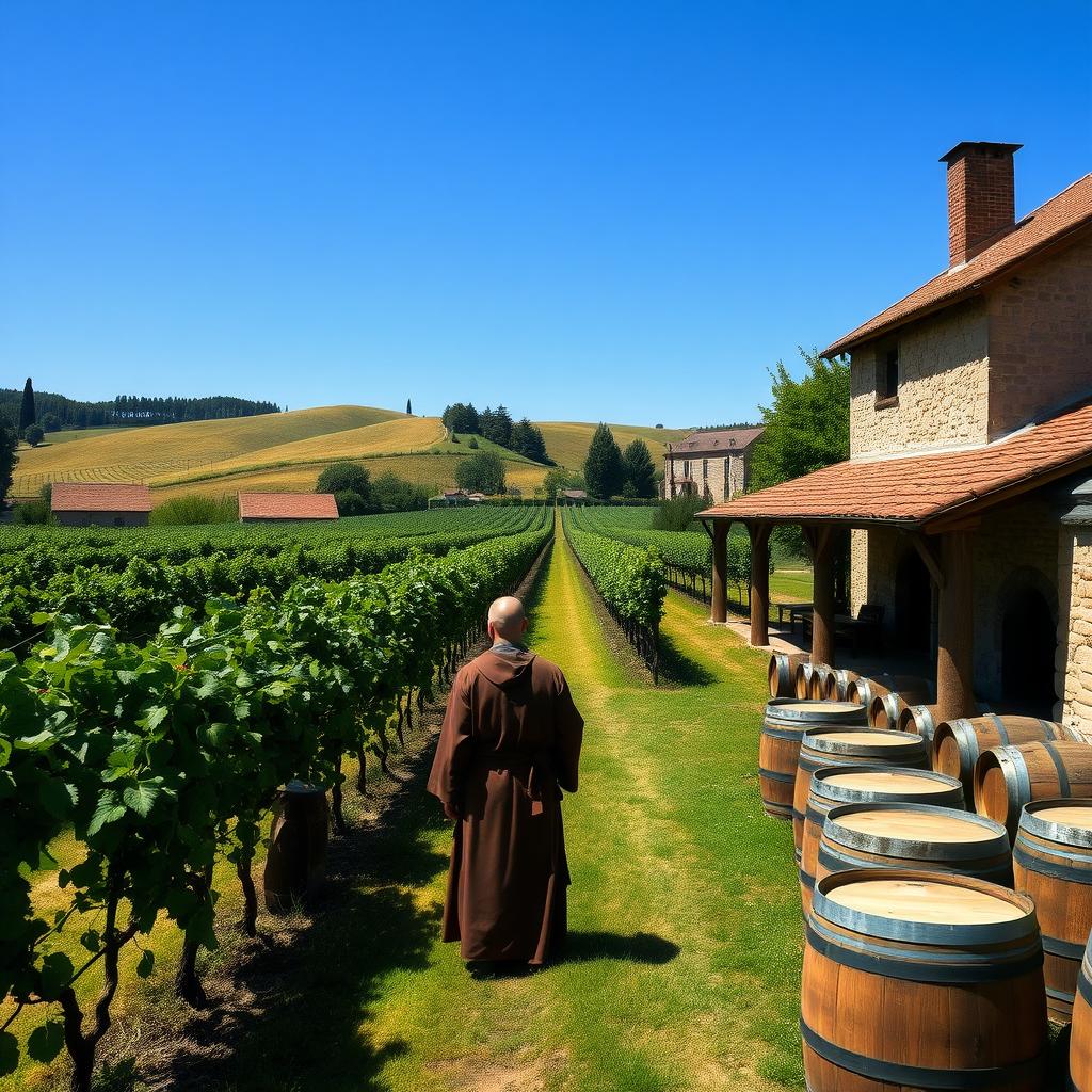 Monks tending grapevines in a medieval French monastery vineyard, surrounded by stone walls and wooden barrels.