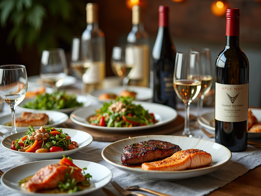 Dining table with wine and food pairings