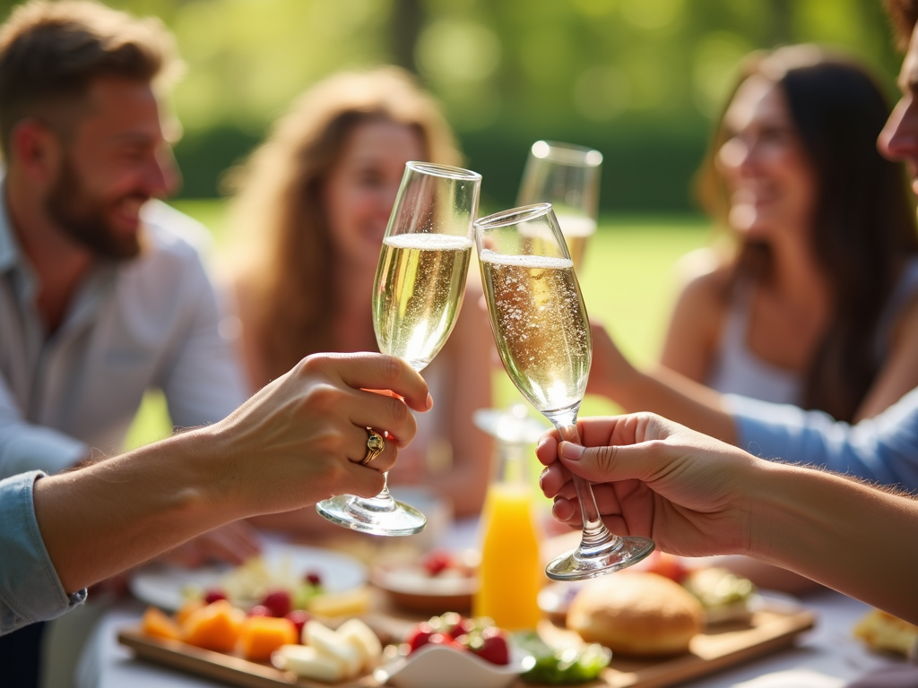 Friends toasting with sparkling wine at picnic