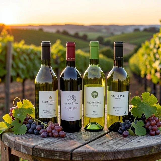Eco-friendly wine bottles displayed with grapes against a vineyard sunset