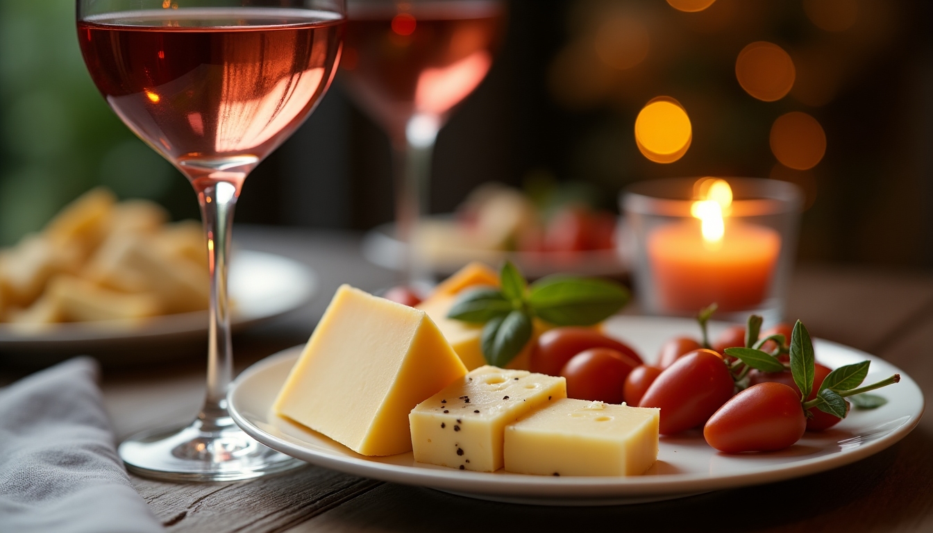 A gourmet meal with a wine glass and cheese platter, highlighting fine dining.