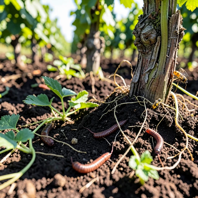 Close view of healthy regenerative vineyard soil