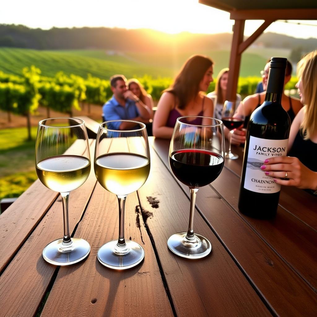 Outdoor wine tasting at Jackson Family Wines estate at sunset
