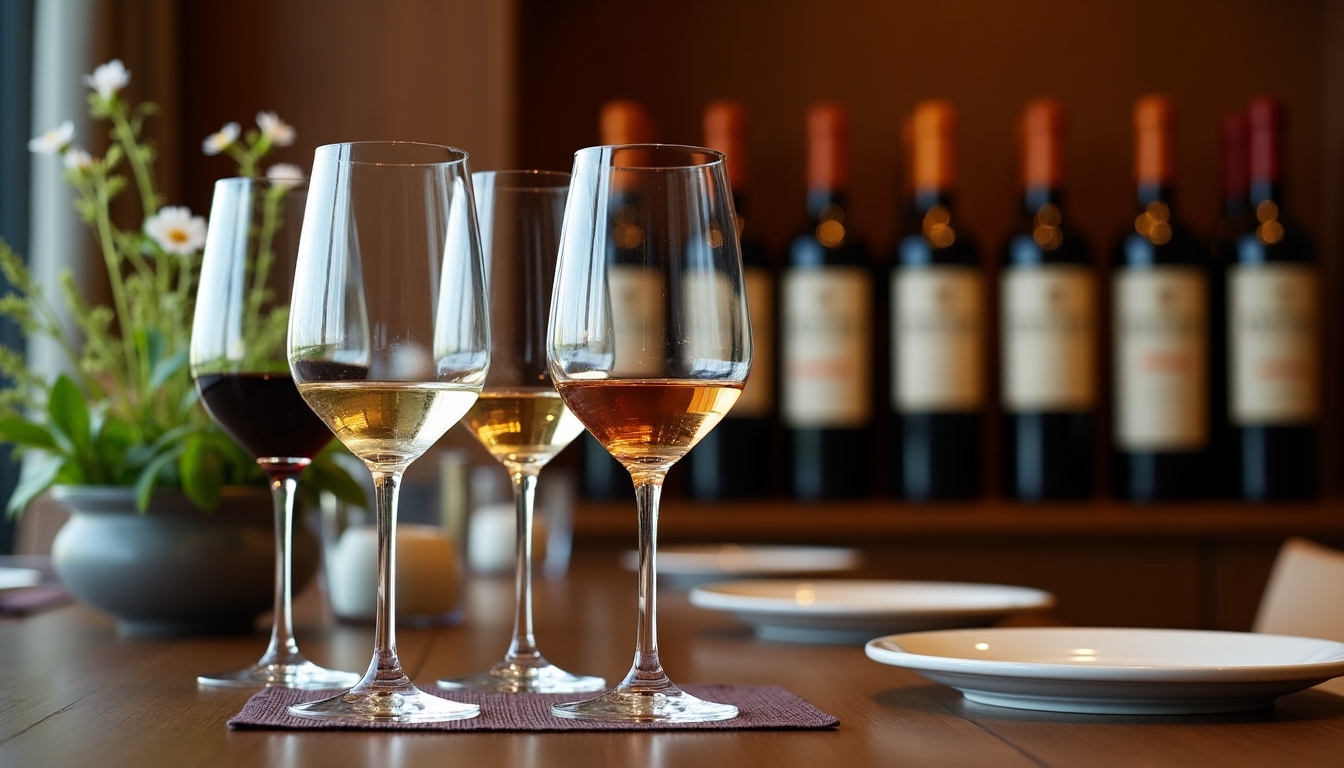 A close-up of Beringer's wine tasting setup, featuring assorted wine glasses and bottles.