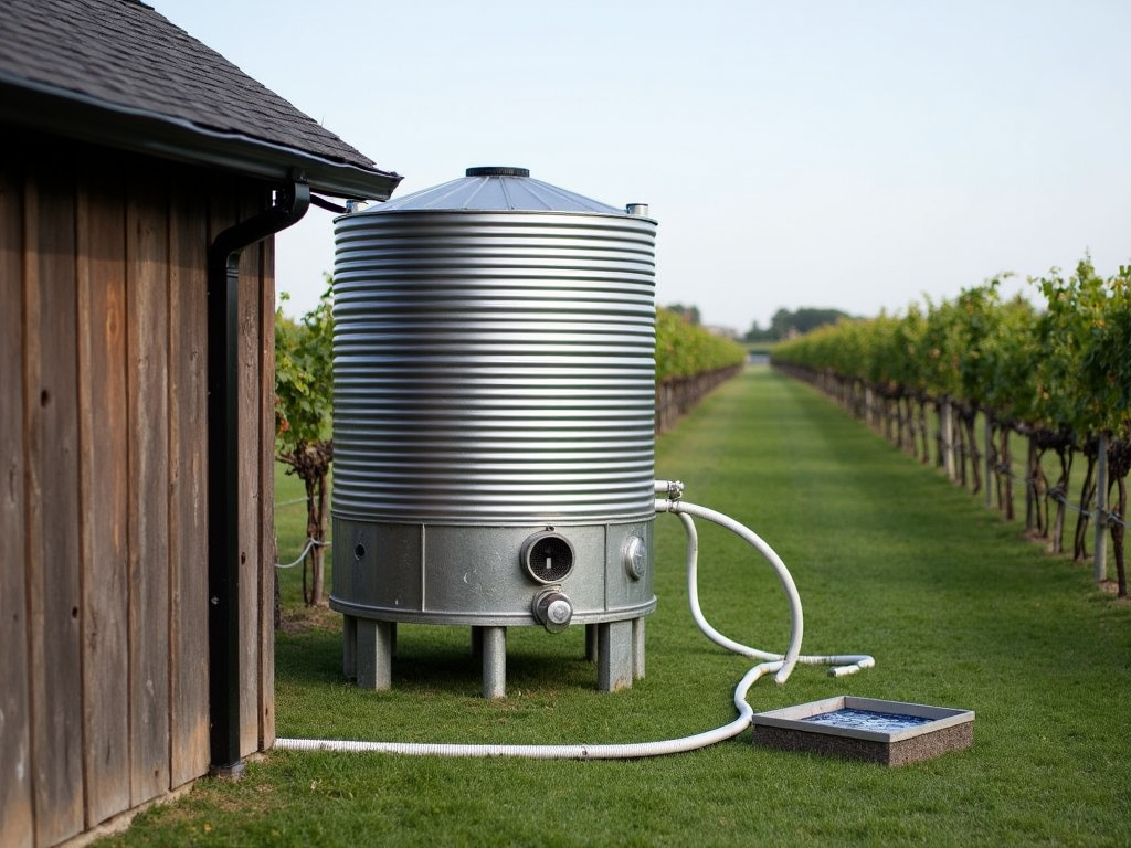 Rainwater harvesting tank next to a winery