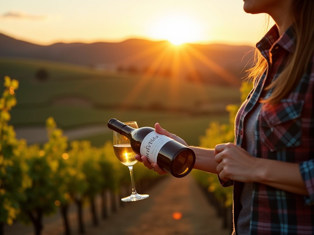 Pouring Beringer Chardonnay in the vineyard at sunset.